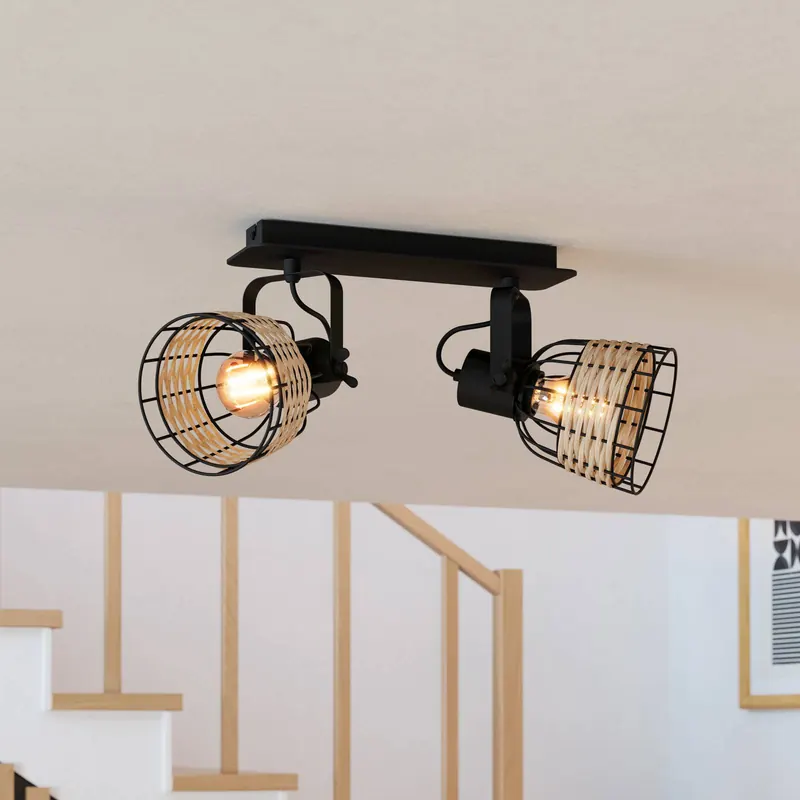 Spot sufitowy Anwick 1 stal/rattan, 2-punktowy