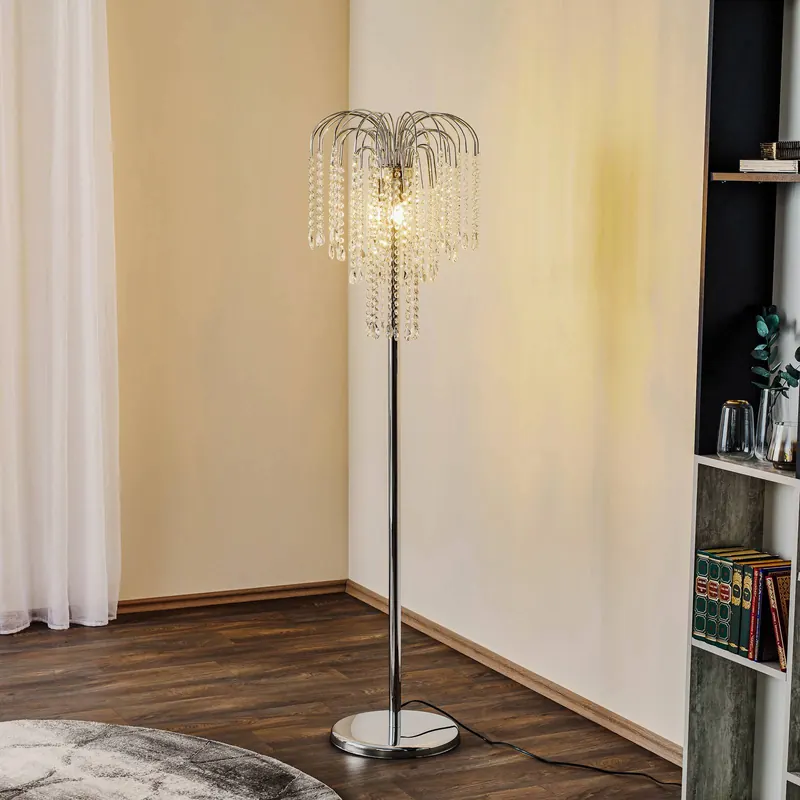 Lampa stojąca Pioggia z kryształowym deszczem, chrom