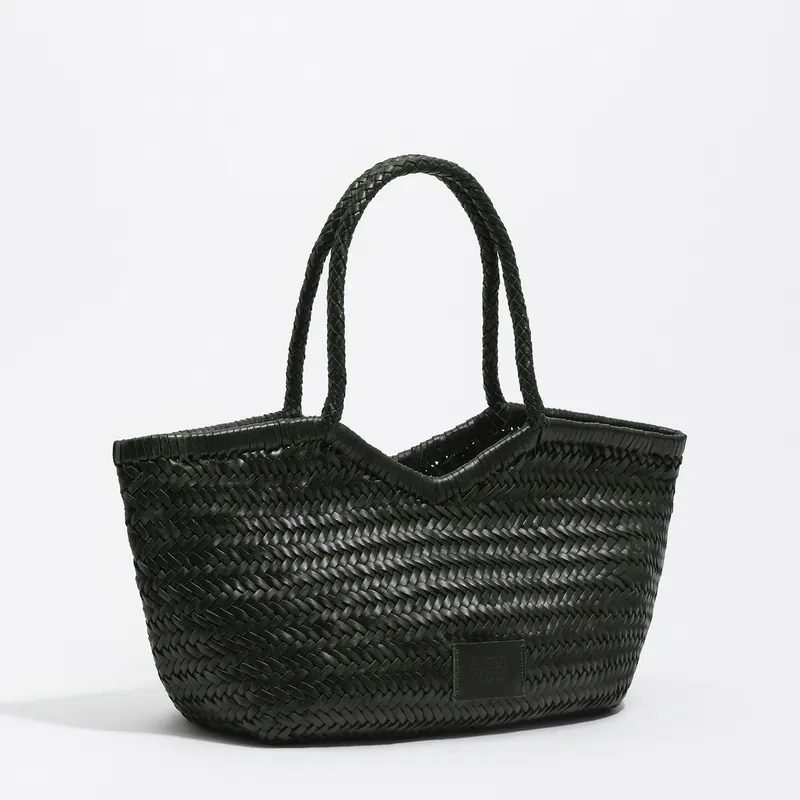 Torba shopper duża pleciona skóra ciemnozielona