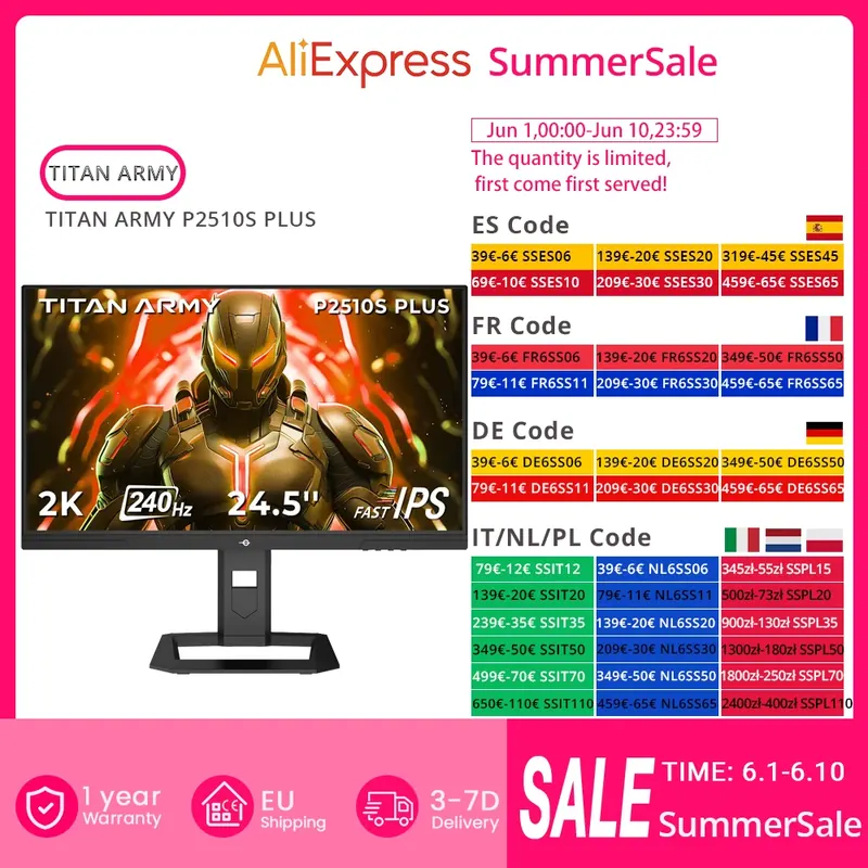 TITAN ARMY P2510S PLUS Flat 16:9, 24,5 cala, szybki IPS QHD 240Hz monitor do gier, rozdzielczość 2560×1440, HDR500, mocowanie VESA 100×100