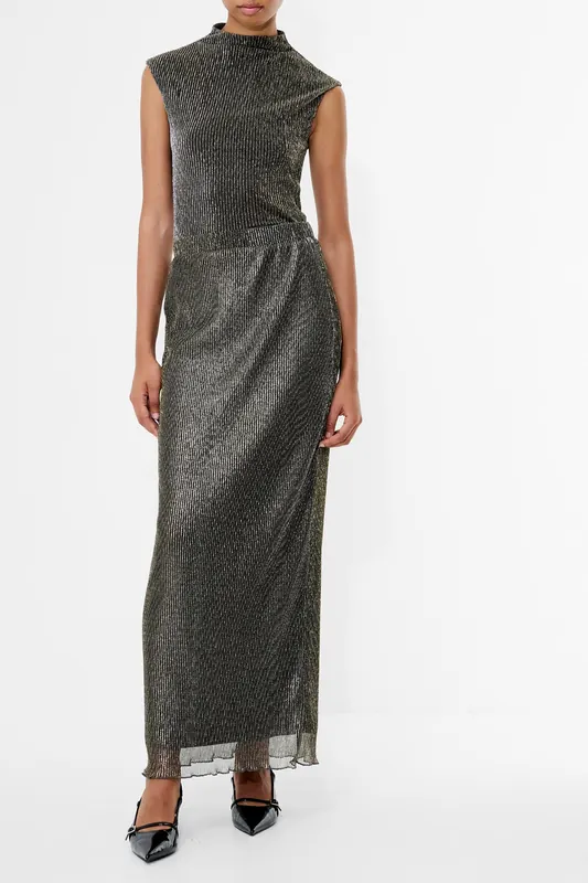 French Connection Tamy Lurex Plisse Maxi Skirt Black Gold Maat: L | Maxi Rokken Outlet | Dames | Zwart