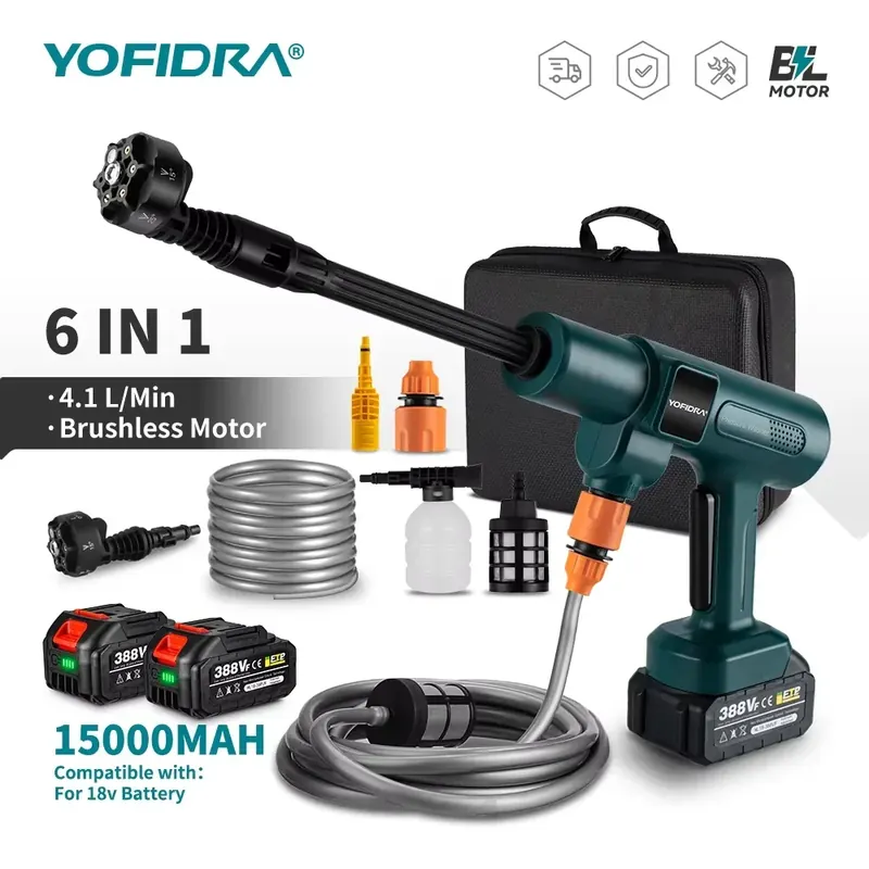 YOFIDRA 200Bar Bezszczotkowy Elektryczny Pistolet Wysokociśnieniowy do Mycia Wodą 3500W 6w1 do Czyszczenia Samochodu, Narzędzie Ogrodowe na Akumulator Makita