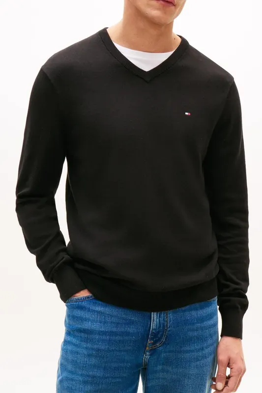 Tommy Hilfiger Essential Cotton V Neck Black Maat: M | Sweaters Outlet | Heren | Zwart