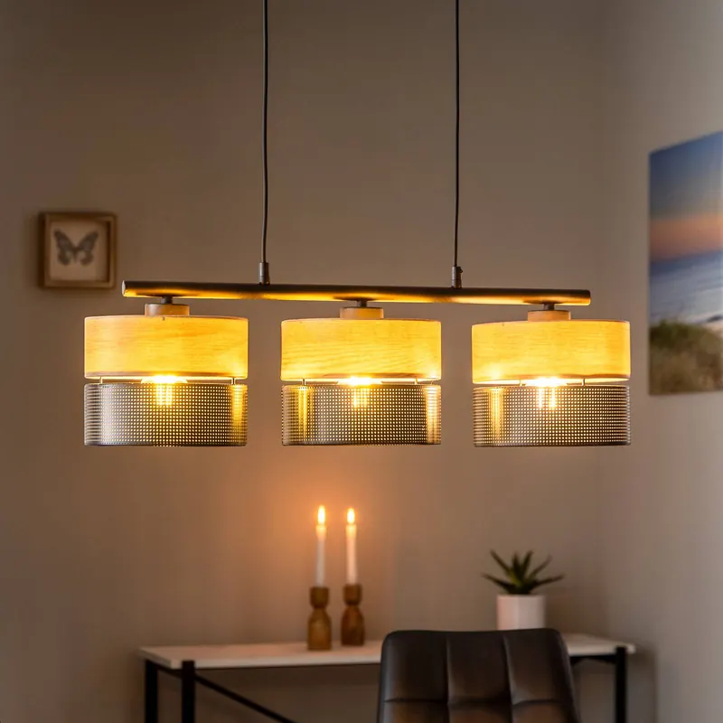 Lampa wisząca Nicol, czarny/efekt drewna, 70x20 cm 3-punktowa 3 x E27