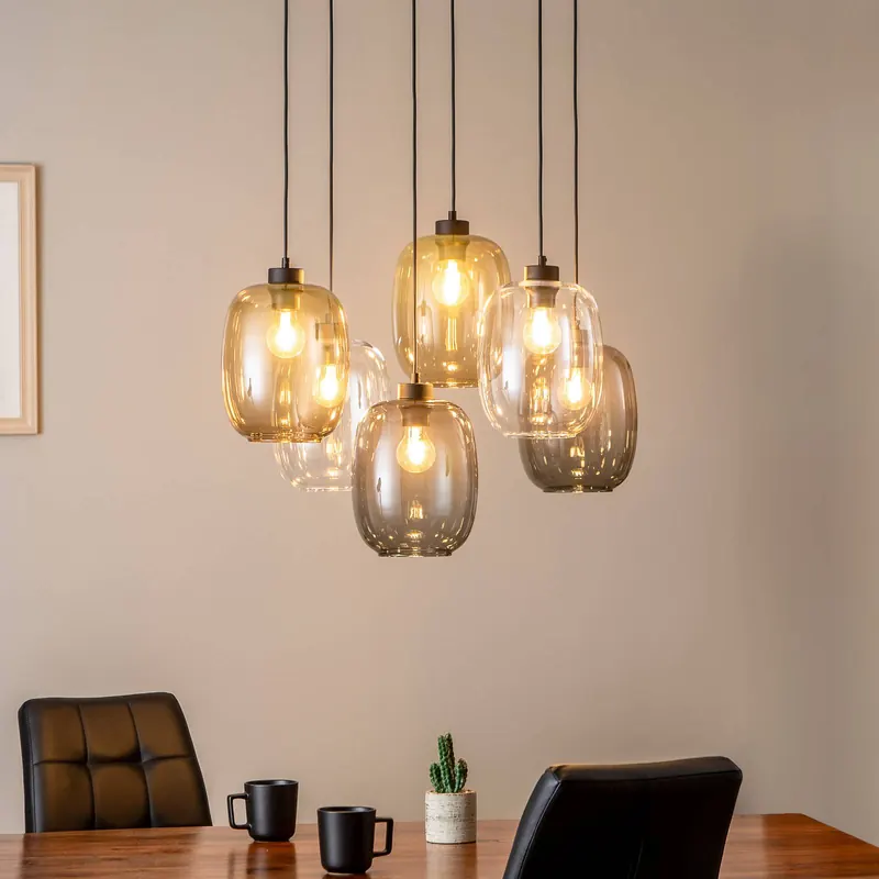 Lampa wisząca Elio, szkło, brązowy/przezroczysty/szary, 6-punktowa,