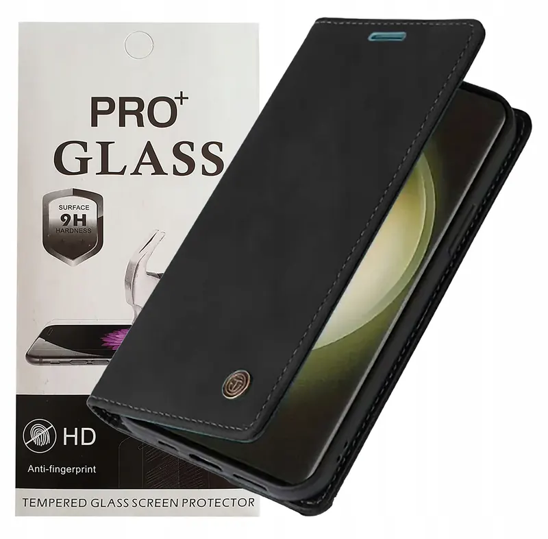 Etui z Klapką do Samsung Galaxy S24 Fe Portfel Skórzane Szkło 9H Czarne