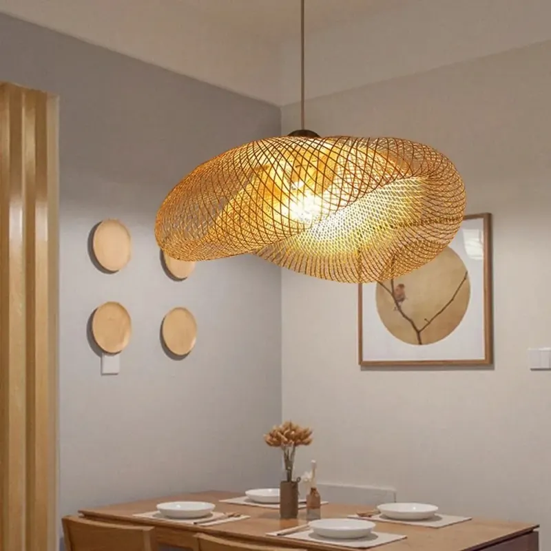 Żyrandol z bambusa 40/60/80 cm, unikalny wystrój domu, lampa wisząca LED, ręcznie robiona lampa sufitowa w stylu vintage do jadalni i salonu.