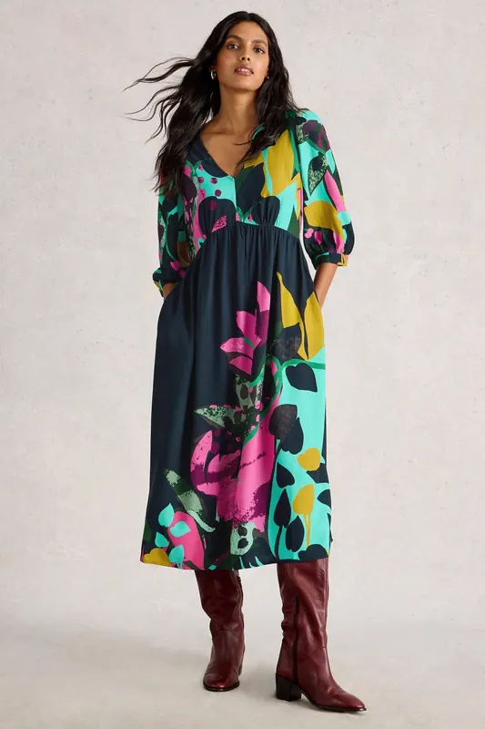 White Stuff Lucy Midi Dress Pink Multi Maat: 8 REGULAR | Midi Jurken Outlet | Dames | Roze