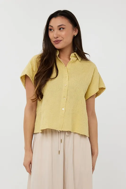 EsQualo Blouse Cropped 3d Embroidery Lemon Pie Maat: 40 | Blouses Outlet | Dames | Geel