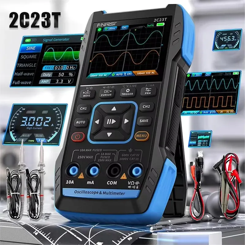 Oscyloskop cyfrowy 3-w-1 2C23T, dwukanałowy, 10MHz*2, 50MS/s, oscylokomierz, multimetr, funkcja generowania sygnałów.