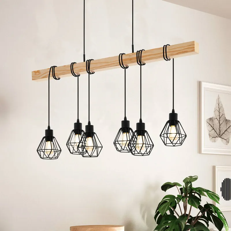 Lampa wisząca Townshend, długość 100 cm, czarny/dąb, 6-punktowa.