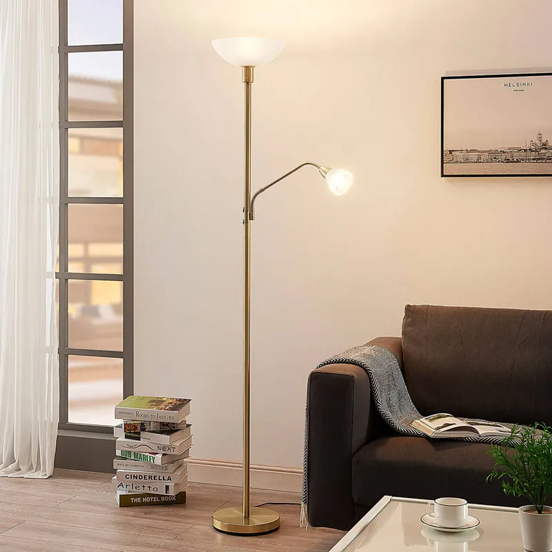 Lampa oświetlająca sufit Lindby Jost, 180 cm, mosiądz, lampka do czytania, E27