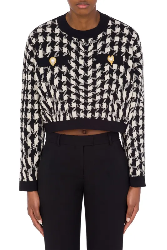 Moschino Cropped Pullover In Morphed Houndstooth Stretch Knit White Maat: 36 | Longsleeves Outlet | Dames | Zwart