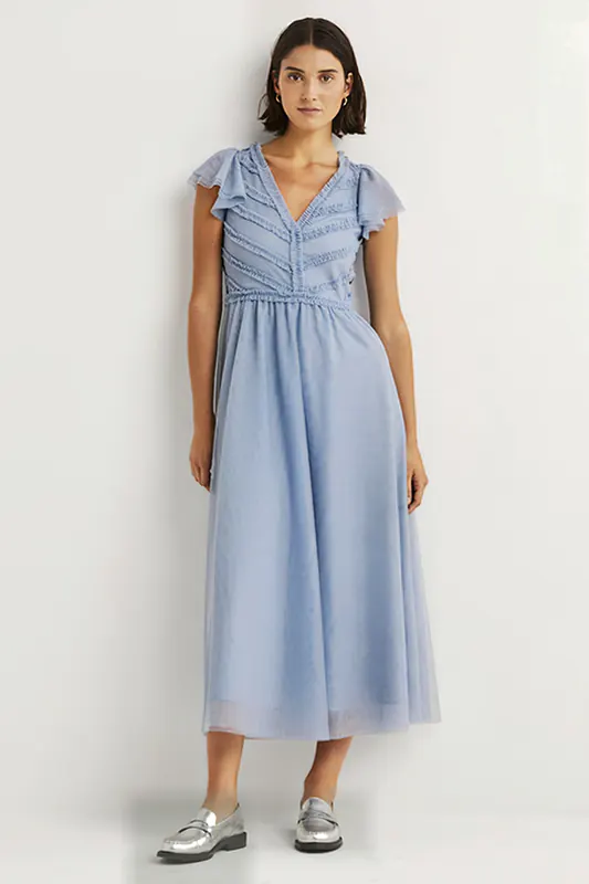 Boden Tulle V-neck Maxi Party Dress Blu Maat: 16P | Midi Jurken Outlet | Dames | Blauw