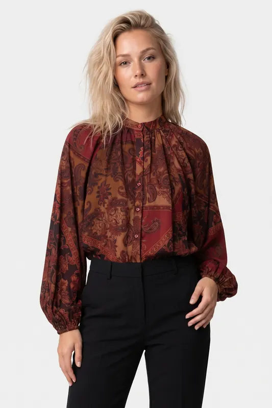 AMAYA Amsterdam Colette Blouse Multi Print Maat: M | Longsleeves Outlet | Dames | Bruin