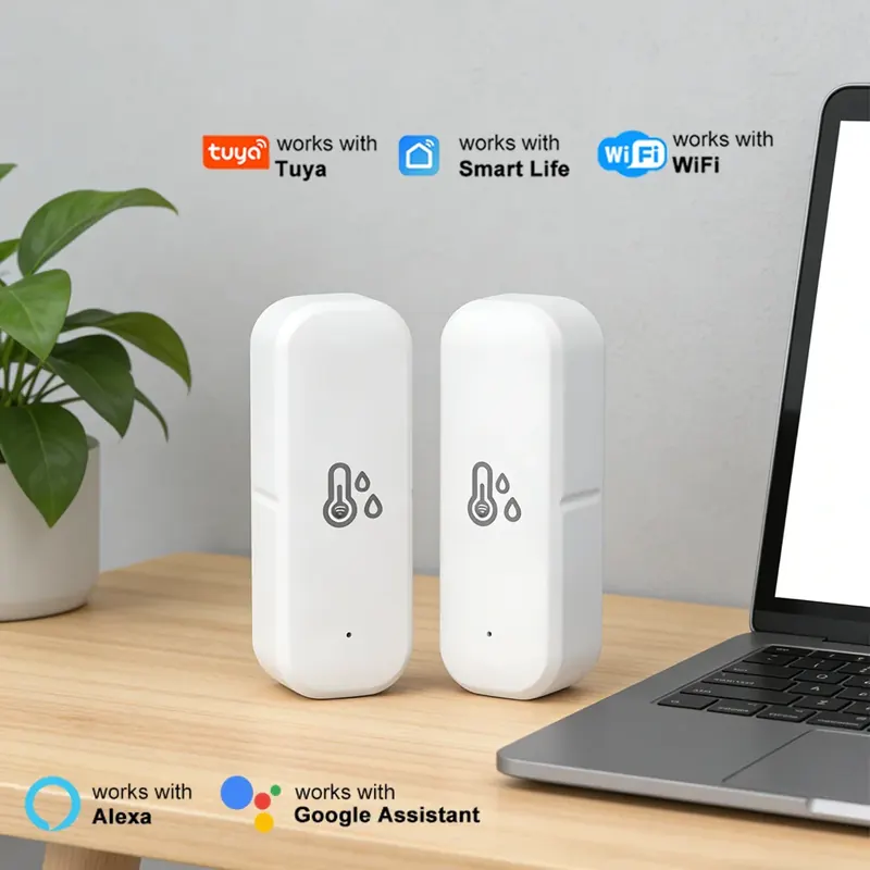 Czujnik temperatury i wilgotności Tuya WiFi, inteligentne monitorowanie, zasilany bateryjnie, automatyka domowa, kompatybilny z Alexa.