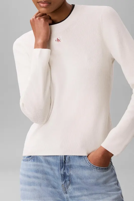 Calvin Klein Woven Label Long Sleeve Crew Tofu Maat: L | Longsleeves Outlet | Dames | Wit