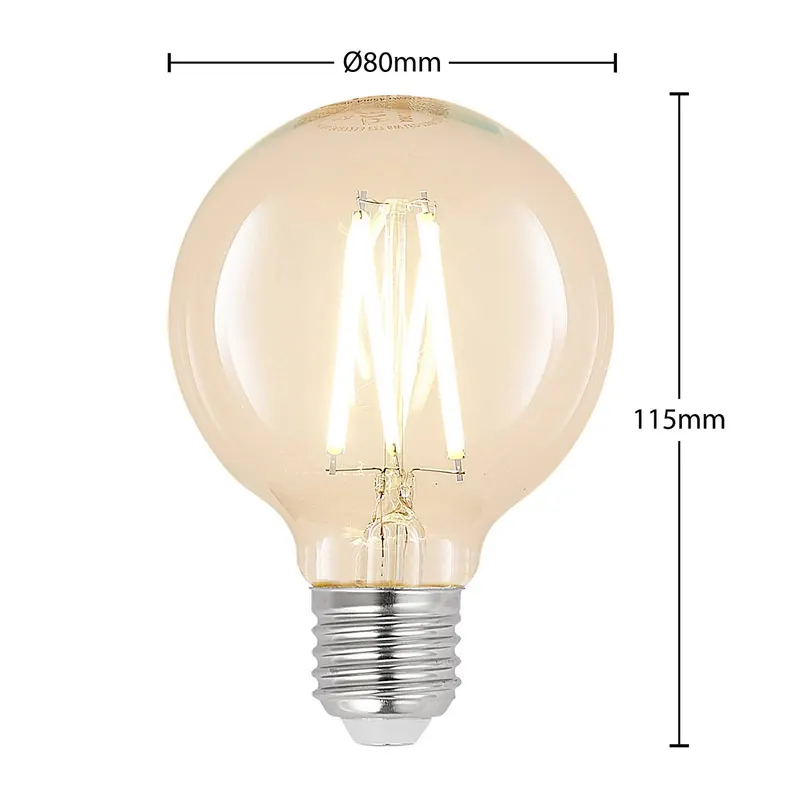 Żarówka LED G80 E27, 8 W, 2700 K, żarnik, przezroczysta, ściemniana