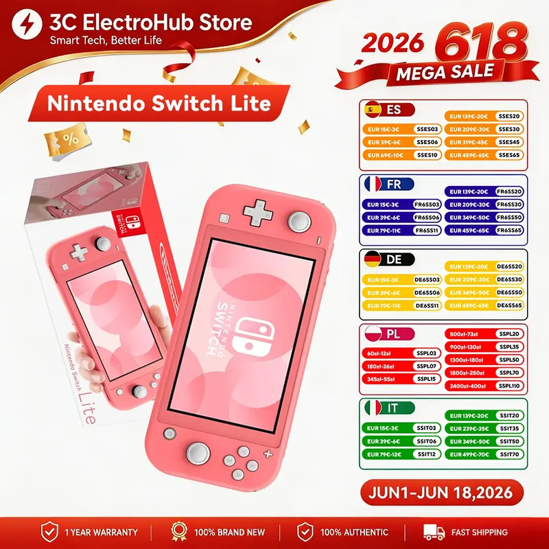 Przenośna konsola do gier Nintendo Switch Lite, lekka i kompaktowa, z wbudowanymi joystickami Joy-Con, 32 GB pamięci wewnętrznej, ekran calowy.