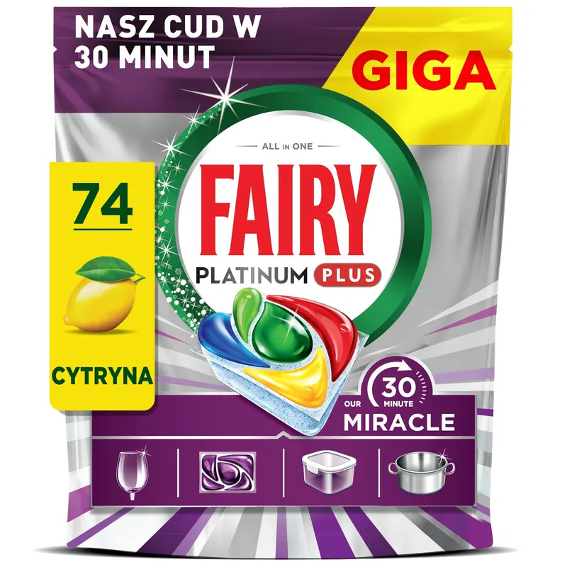 Fairy Platinum Plus 30 Minute Miracle Kapsułki do zmywarki Cytryna, 74szt