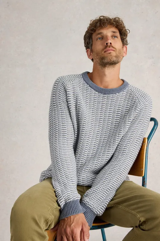 White Stuff Textured Crew Neck Jumper Blue Multi Maat: XXL | Sweaters Outlet | Heren | Blauw