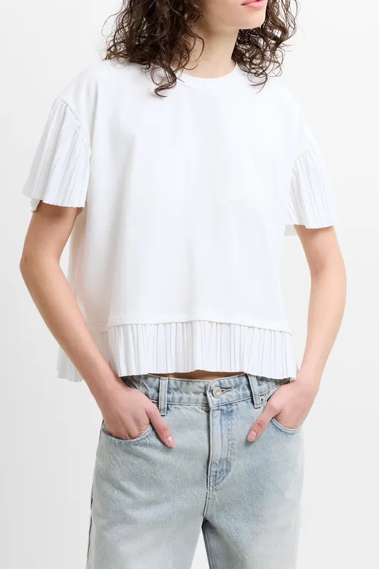 French Connection Rallie Plisse Trim Tee Shirt Linen White Maat: S | Tops Outlet | Dames | Wit