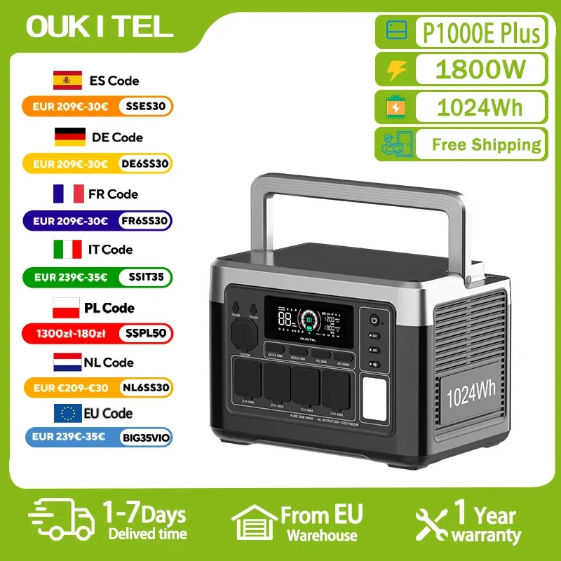 OUKITEL P1000E PLUS Przenośna Stacja Zasilania 1800W Generator Solarny 1024Wh Bateria Lifepo4 Zasilanie Awaryjne Domowe Kemping na Zewnątrz Mobilne Zasilanie