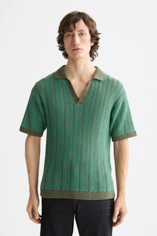 Scotch & Soda Open Structured Knitted V-neck Polo Thyme Maat: L | Sweaters Outlet | Heren | Groen