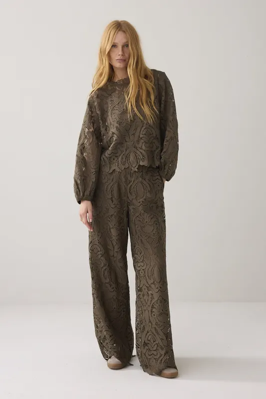 Summum Woman Trousers Lace Dark Camo Maat: 44 | Wijde Broeken Outlet | Dames | Bruin
