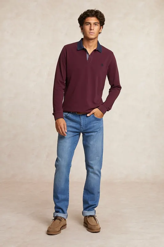 River Woods Custom Fit Cotton Fancy Pique Polo Grape Red Maat: M | Longsleeves Outlet | Heren | Rood