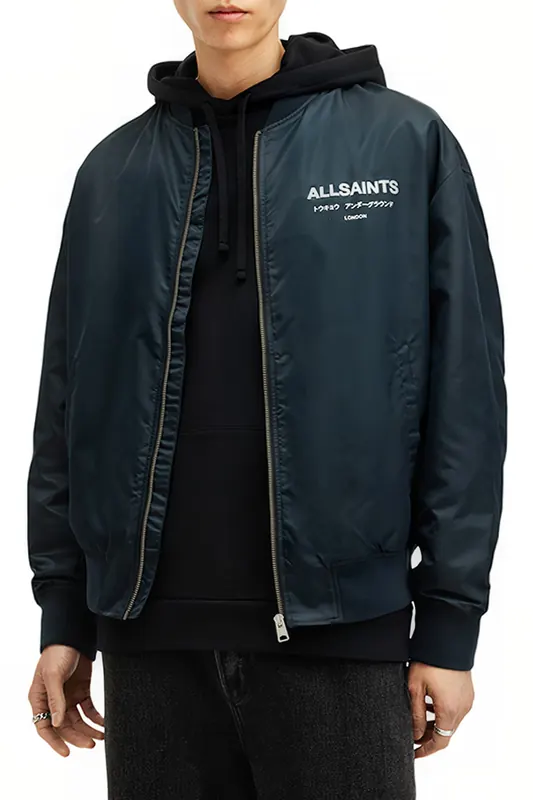 AllSaints Underground Bomber Petrol Blue Maat: XXL | Bomberjacks Outlet | Heren | Blauw