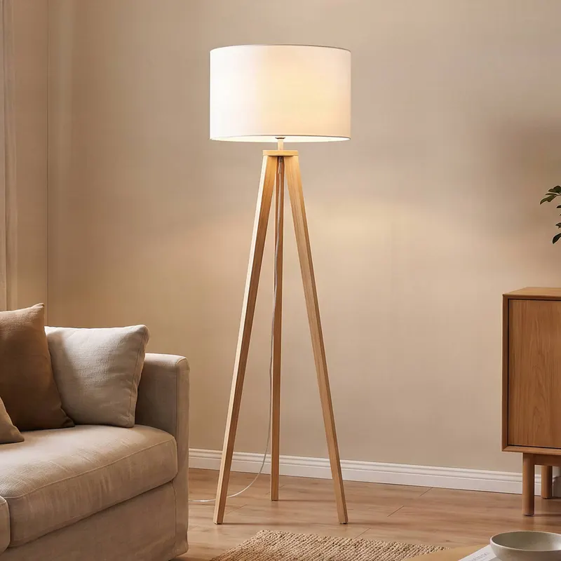 Lampa stojąca Lindby Charlia, biały, drewno, wysokość 150cm