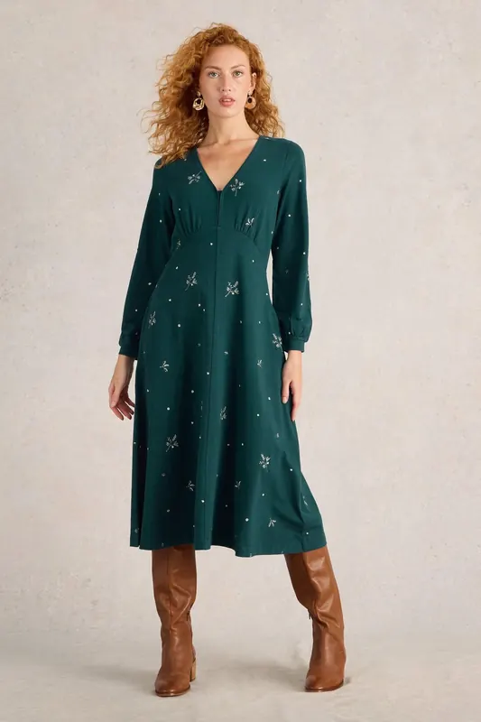 White Stuff Megan Embroidered Jersey Dress Teal Multi Maat: 12 REGULAR | Midi Jurken Outlet | Dames