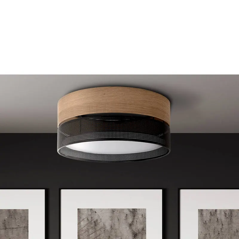 Lampa sufitowa Nicol, czarna, wygląd drewna, Ø 50 cm, 4 x E27