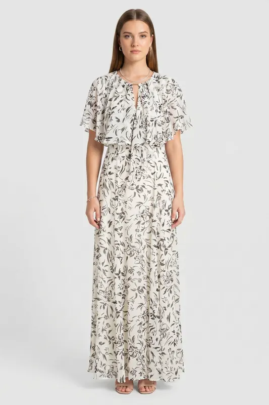 Karl Lagerfeld Ruffle Feminine Dress Pristine Black Flower Maat: 44 | Maxi Jurken Outlet | Dames | Wit