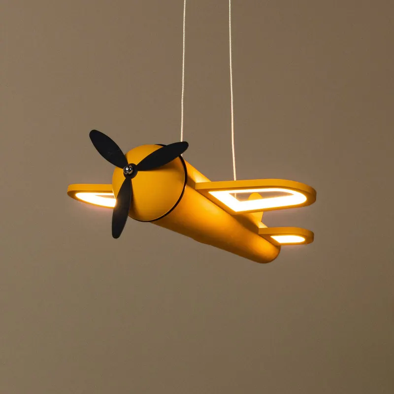 Lampa wisząca LED do pokoju dziecięcego Fokker, żółta, długość 46 cm, metal