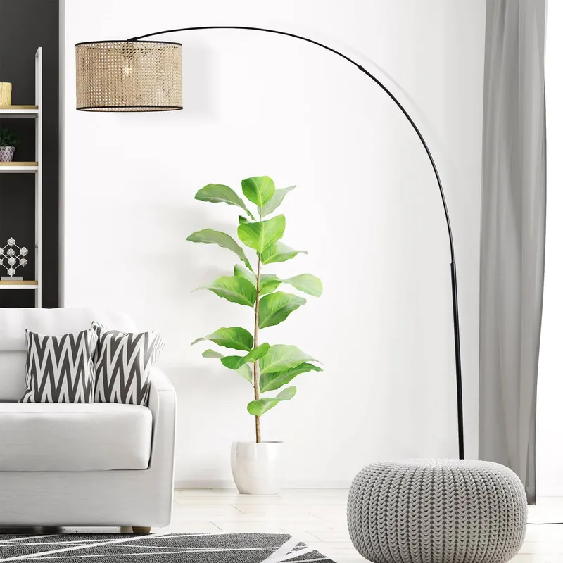 Łukowa lampa podłogowa Wiley z rattanem