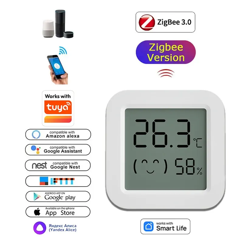 Czujnik temperatury i wilgotności Zigbee do inteligentnego domu z ekranem LCD, współpracuje z Tuya, Alexa, Google Home, aplikacją Smart Life, Tuya Smart, Yandex.
