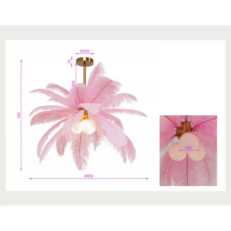 Żyrandol KARE Feather Palm, różowa, pióra, Ø 87 cm, G9
