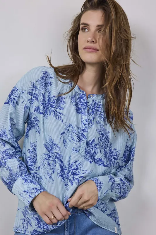 DIDI Blouse Sari Light Green Fineliner Print Maat: 44 | Longsleeves Outlet | Dames | Blauw