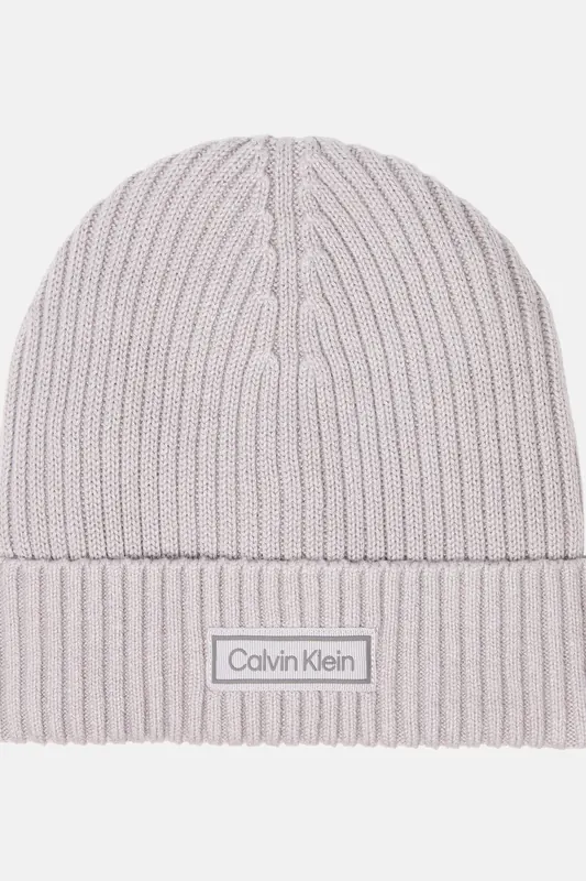 Calvin Klein Patch Chunky Rib Cotton Beanie Silver Sconce Maat: OS | Petten Outlet | Heren | Grijs
