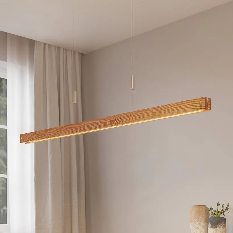 Drewniana lampa wisząca LED Lindby Alimara, drewno, długość 138 cm