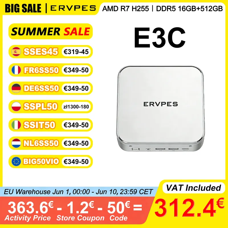 ERVPES E3C Mini PC 16GB DDR5 5600MHz RAM 512GB ROM AMD Ryzen7 H255 Windows 11 AMD Radeon 780M WiFi6 Bluetooth 5.2 4K@60Hz