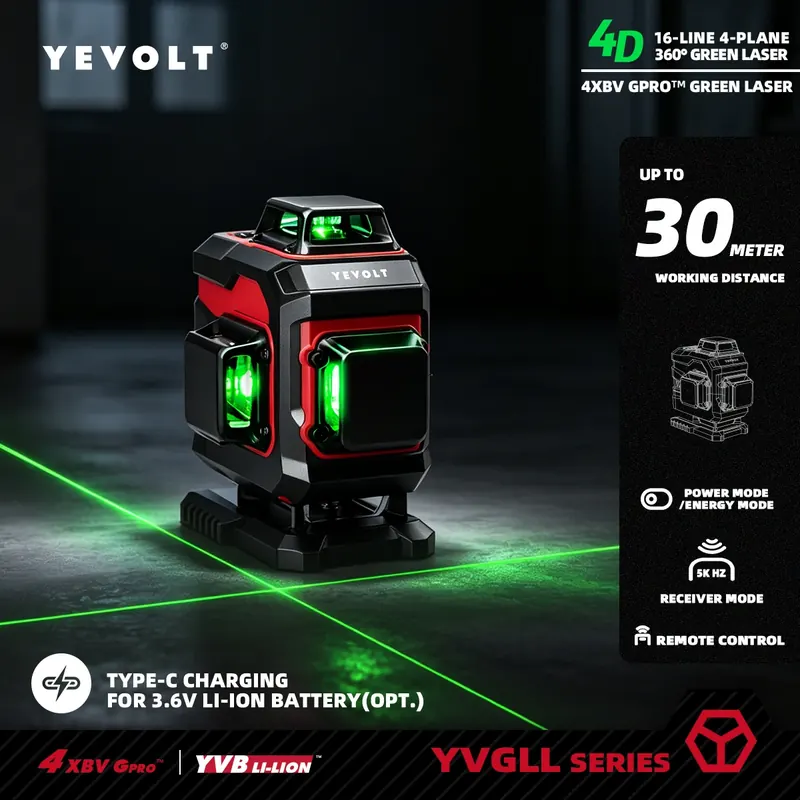 YEVOLT YVGLL4XS16 16 linii 4-łopatkowe zielone narzędzia do poziomowania laserowego 4D z mocą 3Ah/5,2Ah samopoziomująca maszyna pozioma i pionowa