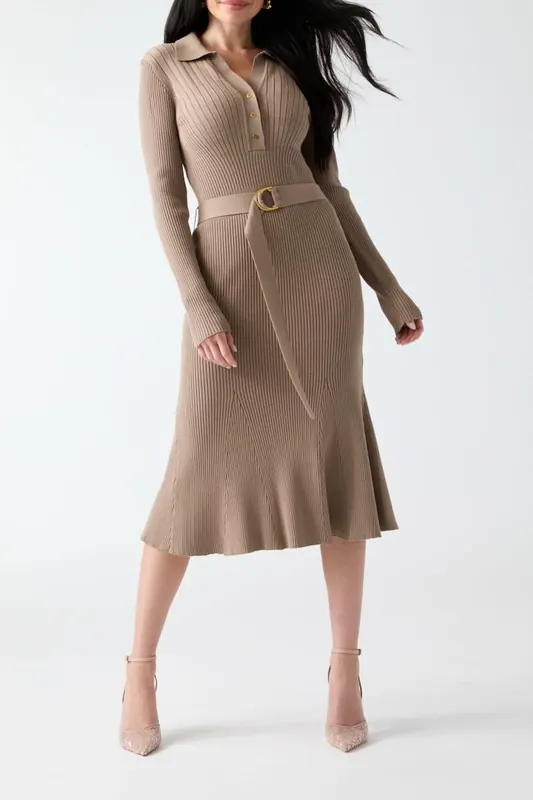 GUESS Agathe Polo Ls Dress Silk Taupe Maat: 46 | Blousejurken Outlet | Dames | Beige