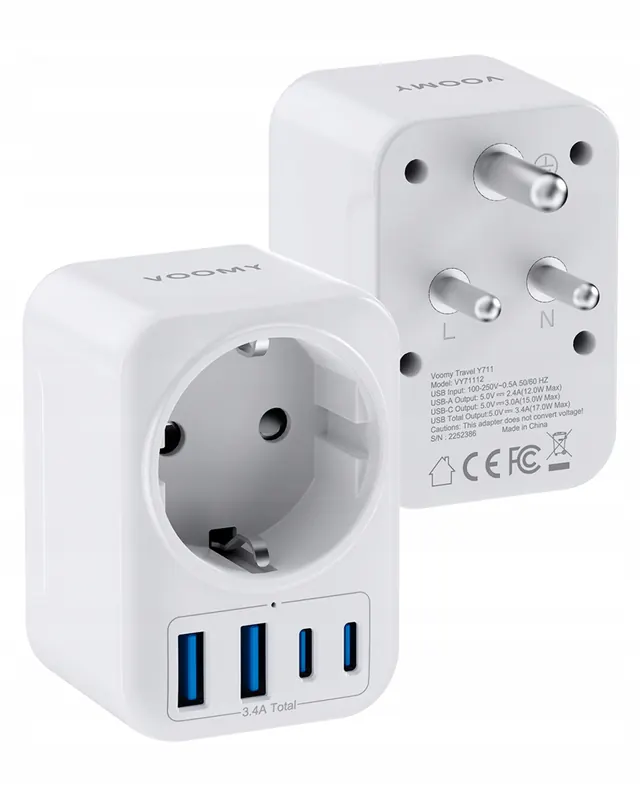 Voomy Adapter podróżny Y711 Adapter typu D – 2 gniazda Ac, 2 Usb-c i 2 Usb-a – 3750W
