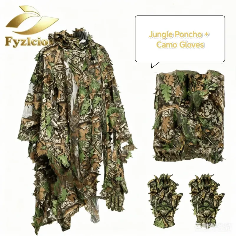 Fyzlci-Outdoor Poncho Ghillie + Rękawice Maskujące 3D Liście Kamuflaż Płaszcz Maskujący do Polowań