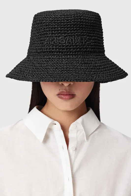AllSaints Eli Straw Bucket Hat Black Maat: OS | Hoeden Outlet | Dames | Zwart