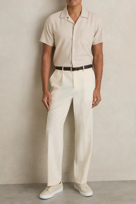 Reiss Ss Herringbone Cuban Shirt Stone Maat: M | Casual Overhemden Outlet | Heren | Beige