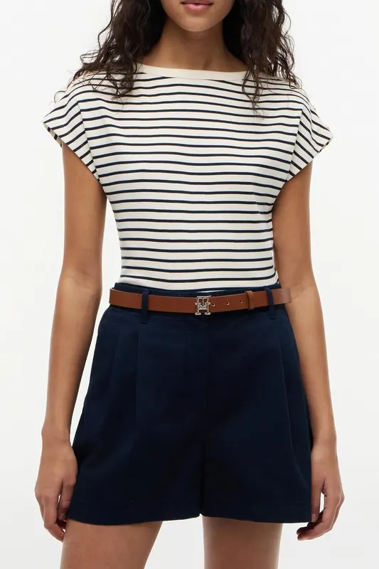 Tommy Hilfiger Gold-tone Button Boat Neck T-shirt Breton Calico/dark Night Maat: L | Tops Outlet | Dames | Blauw